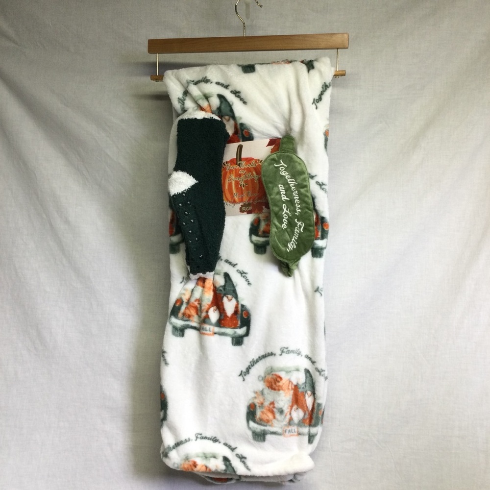 Throw Eyemask Socks White Green Fall Trucks Gnomes “Give Thanks in Everything”
